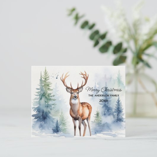 Carte Postale Cerf en forêt neigeuse Arbres de Noël Aquarelle (Debout devant)