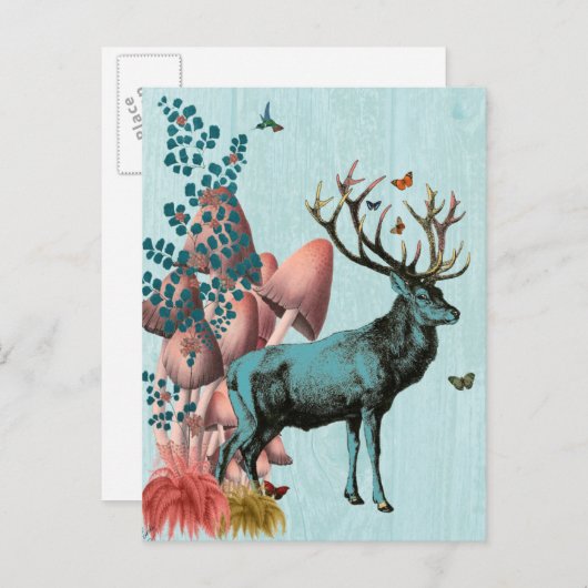 Carte Postale Cerf Turquoise dans la Forêt de Champignons 2 (Devant / Derrière)