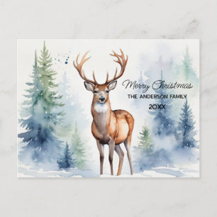 Carte Postale Cerfs Dans La Forêt Enneigée Arbres De Noël Aquare