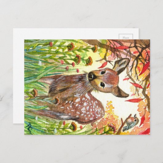 Carte Postale Cerfs Et Petits Oiseaux (Devant / Derrière)