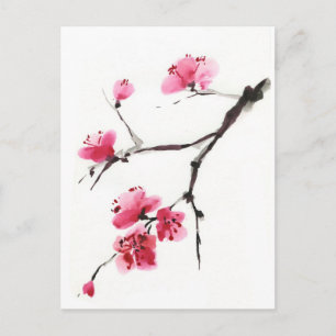 Carte Postale Cerise à fleurs. Fleur de printemps. Peinture à l'
