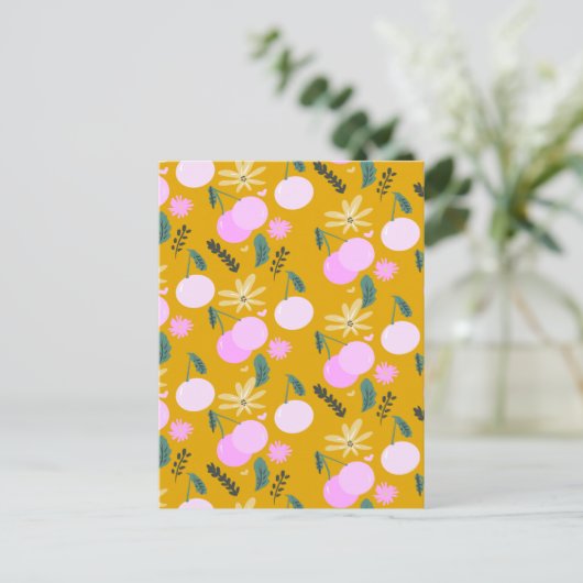 Carte Postale Cerise Floral Vert Motif rose jaune (Debout devant)