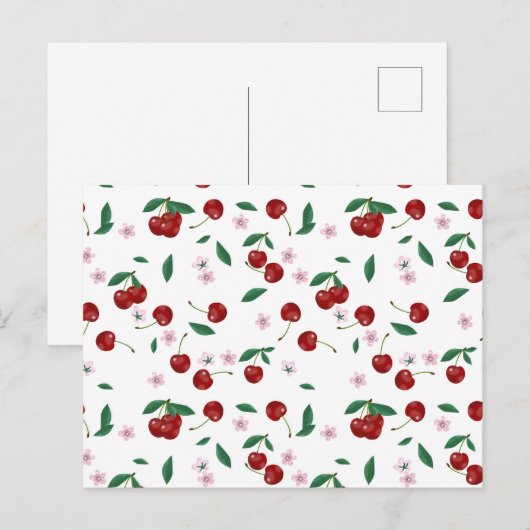 Carte Postale Cerises rouges botaniques Verdure & Fleurs de ceri (Devant / Derrière)