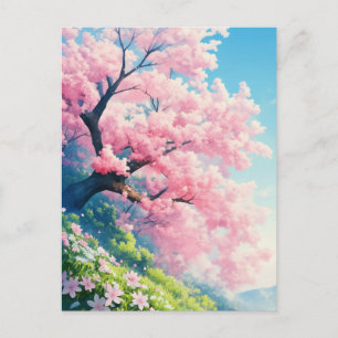 Carte Postale Cerisier à fleurs sur une colline verte ensoleillé