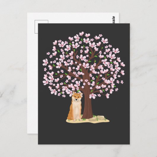 Carte Postale Cerisier Shiba Inu Chien Japonais Sakura Tree (Devant / Derrière)