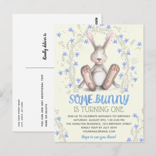 Carte Postale Certains Bunny Boys 1er Anniversaire Fête Invitati (Devant / Derrière)