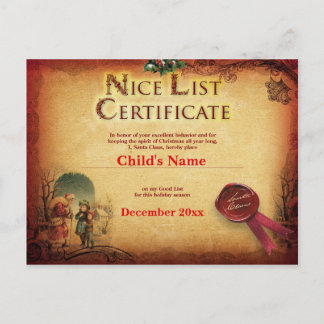 Carte Postale Certificat de la liste des gentils du Père Noël pe