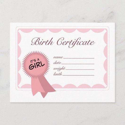 Carte Postale Certificat de naissance de fille (Devant)
