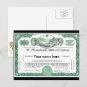 Carte Postale Certificat Stock Pennsylvania Railroad CUSTOM (Devant / Derrière)