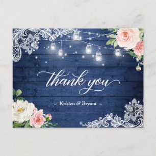 Carte Postale Chaîne éclaire Floral Rustique Mariage bleu Merci