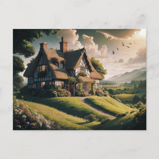 Carte Postale Chalet de chaume en campagne luxuriante (Devant)