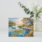 Carte Postale Chalet de pêche Lakeside avec nénuphars (Debout devant)