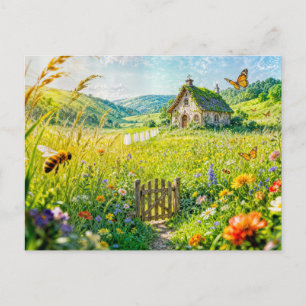 Carte Postale Chalet de prairie montagnarde avec fleurs, porte e