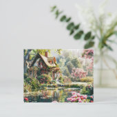 Carte Postale Chalet Whimsical avec Rhododendrons et Étang (Debout devant)