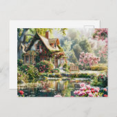 Carte Postale Chalet Whimsical avec Rhododendrons et Étang (Devant / Derrière)