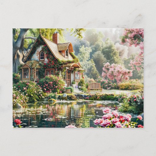 Carte Postale Chalet Whimsical avec Rhododendrons et Étang (Devant)