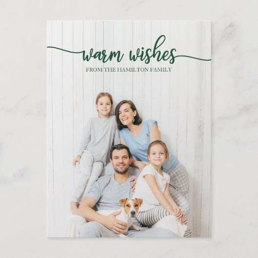 Carte Postale Chaleureux Voeux Vert Script Unique Photo Noël (Devant)