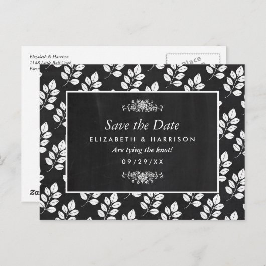 Carte Postale Chalkboard Floral Leaf Wedding Enregistrer La Date (Devant / Derrière)