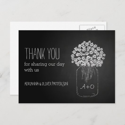 Carte Postale Chalkboard Mason Fleurs Jar Mariage Merci (Devant / Derrière)