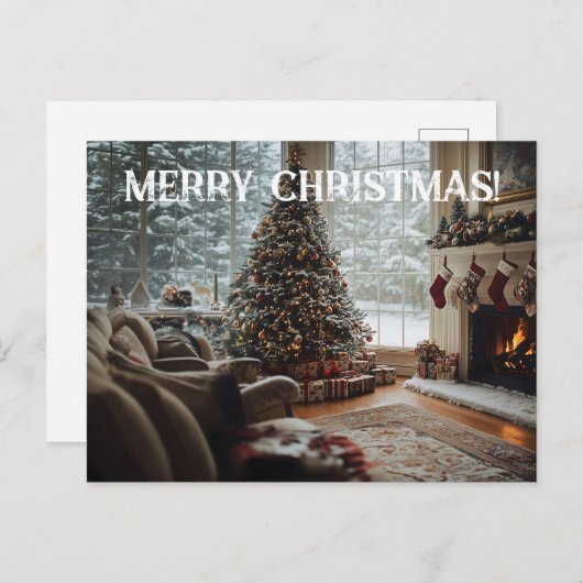 Carte Postale Chambre confortable Noël, Cheminée, Arbre et Bas (Devant / Derrière)