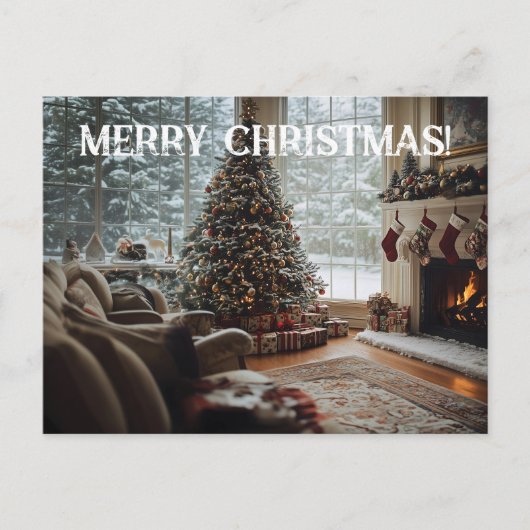 Carte Postale Chambre confortable Noël, Cheminée, Arbre et Bas (Devant)