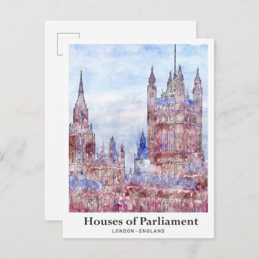 Carte Postale Chambres du Parlement Londres Voyage Aquarelle (Devant / Derrière)