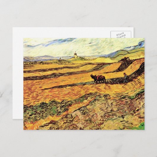 Carte Postale Champ avec laboureur et moulin par Vincent van Gog (Devant / Derrière)