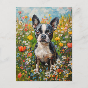 Carte Postale Champ de Fleur sauvage coloré Boston Terrier