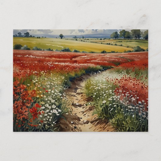 Carte Postale Champ de fleurs rouges et blanches Scène de la na (Devant)