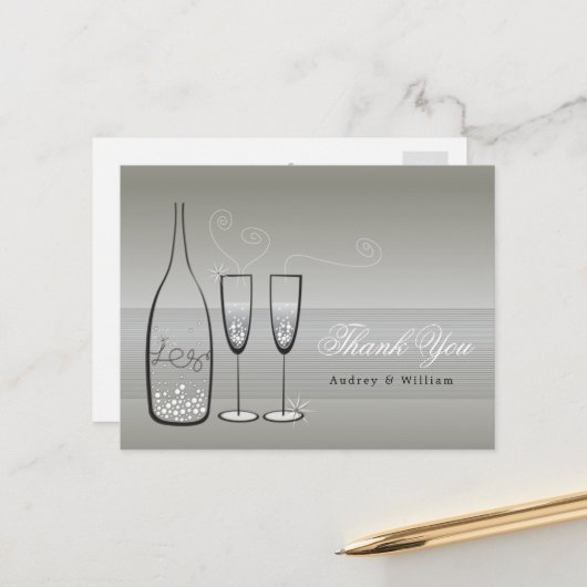 Carte Postale Champagne Argent Bubbly Merci Mariage élégant (Devant/Arrière en situation)