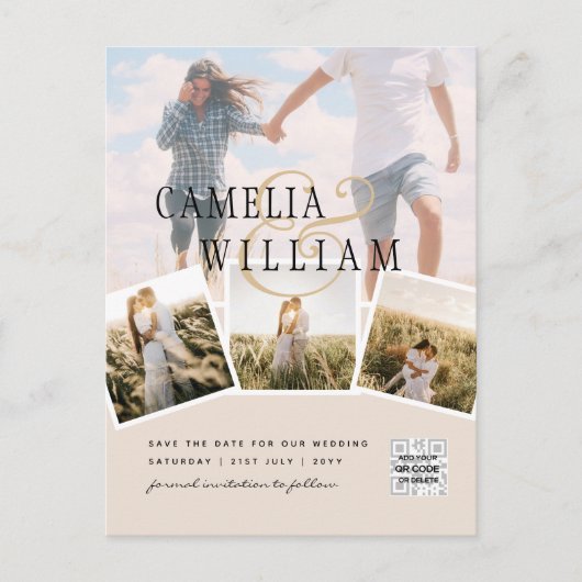 Carte Postale Champagne Blush PHOTO Enregistrer la date QRcode W (Devant)