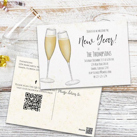 Carte Postale Champagne du Nouvel An Code QR Médias sociaux