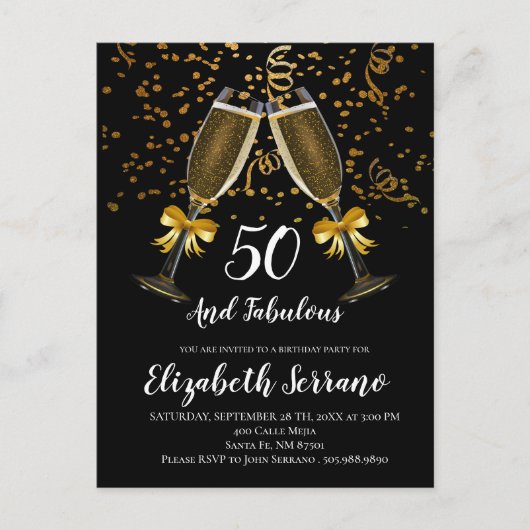 Carte Postale Champagne Et Confetti Black Gold 50e anniversaire (Devant)
