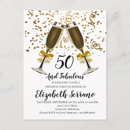 Carte Postale Champagne et Confettis Or 50e Anniversaire (Devant)