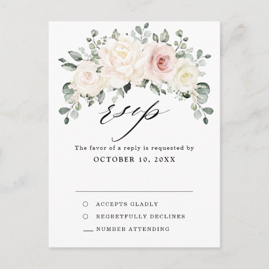 Carte Postale Champagne Ivory Blush Rose Floral Vert RSVP (Devant)
