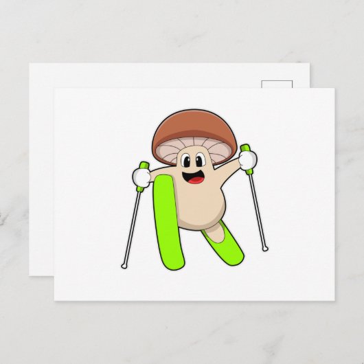 Carte Postale Champignon en skieur avec ski (Devant / Derrière)