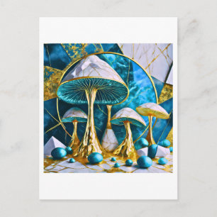 Carte Postale Champignons en géométrique surréaliste bleu et or