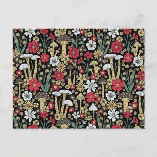 Carte Postale Champignons et fleurs rouges et verts (Devant)