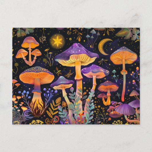 Carte Postale Champignons Imaginaires Violets Sous Flamme (Devant)