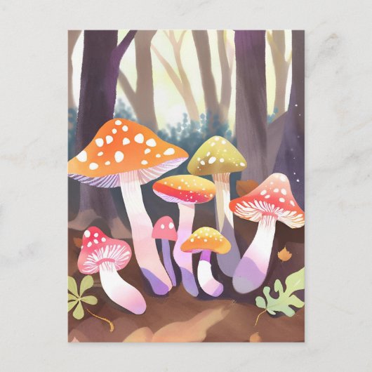 Carte Postale Champignons Mignons | Forêt Aquarelle (Devant)