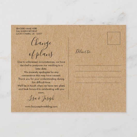 Carte Postale Change the Date Postponed Cancelled Event Rustic (Dos)