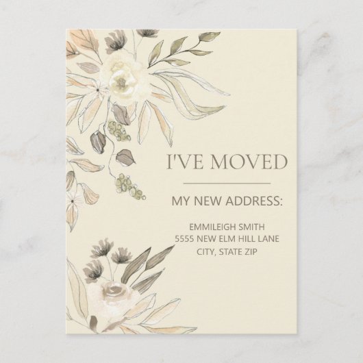 Carte Postale Changement d'adresse Crème Brun Aquarelle Floral (Devant)