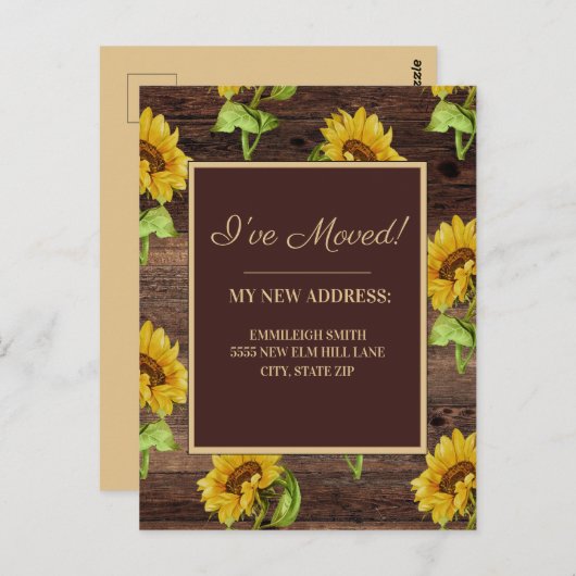 Carte Postale Changement d'adresse Fleurs de soleil en bois rust (Devant / Derrière)