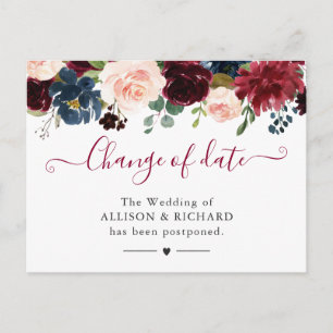Carte Postale Changement de date Bourgogne Rouge Navy Floral Nou
