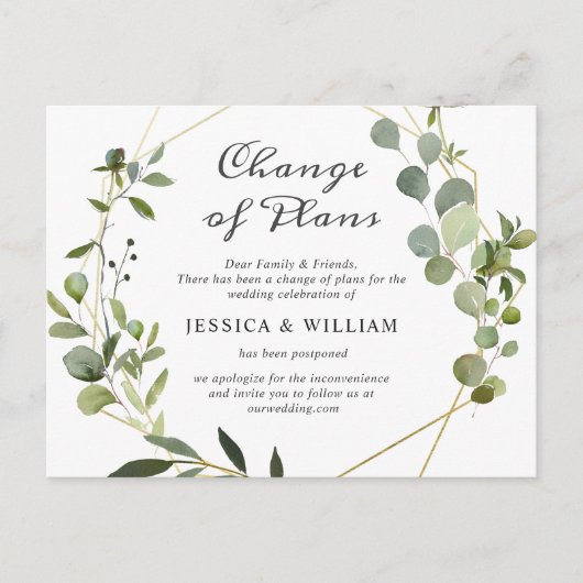 Carte Postale Changement de Plans Élégant Mariage Eucalyptus (Devant)
