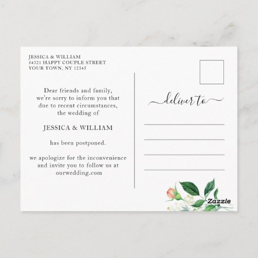 Carte Postale Changement de Plans Elégant Roses Roses Blanches M (Dos)