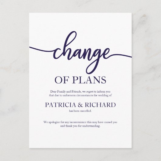 Carte Postale Changement de plans Mariage reporté Script Navy Bl (Devant)