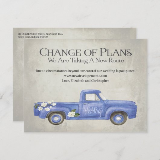 Carte Postale Changement mariage Des Plans Reporté Camion Bleu (Devant / Derrière)