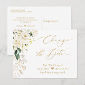 Carte Postale Changer la date Écriture dorée Fleurs vertes et bl (Devant / Derrière)