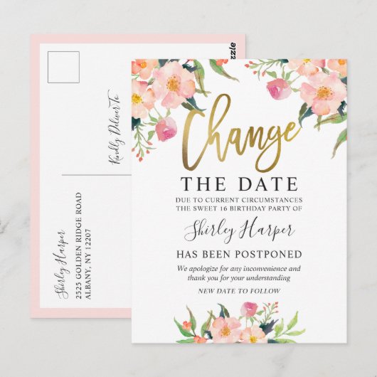 Carte Postale Changer la date écriture dorée floral rose (Devant / Derrière)